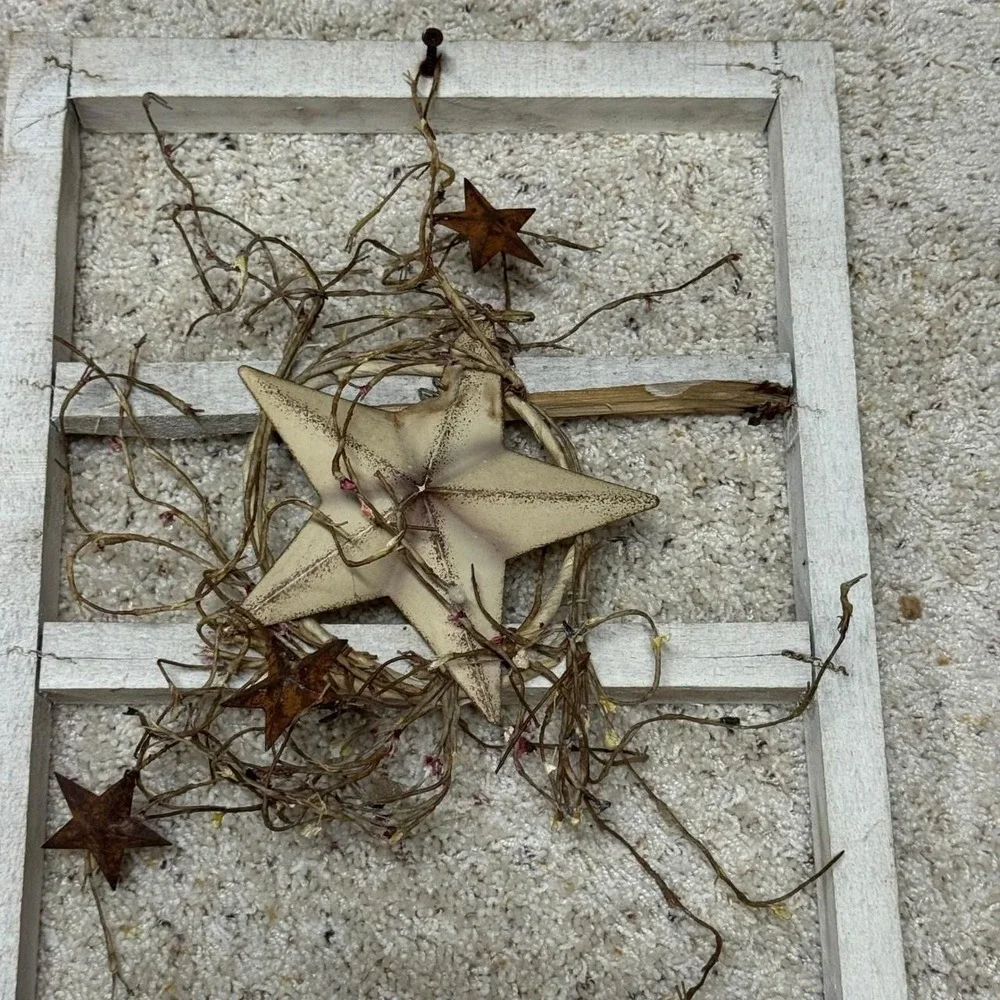 Primitive Rustic White Wood Window Frame Wall Decor Barn Star Pip Berry 16x12 - Picture 6 of 8